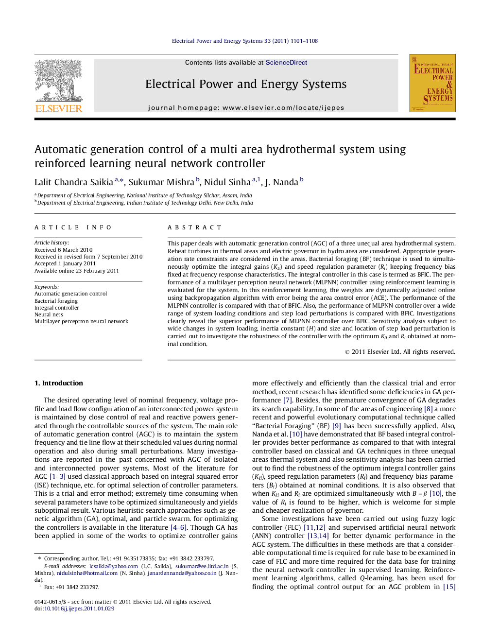 Automatic generation control of a multi area hydrothermal system using reinforced learning neural network controller