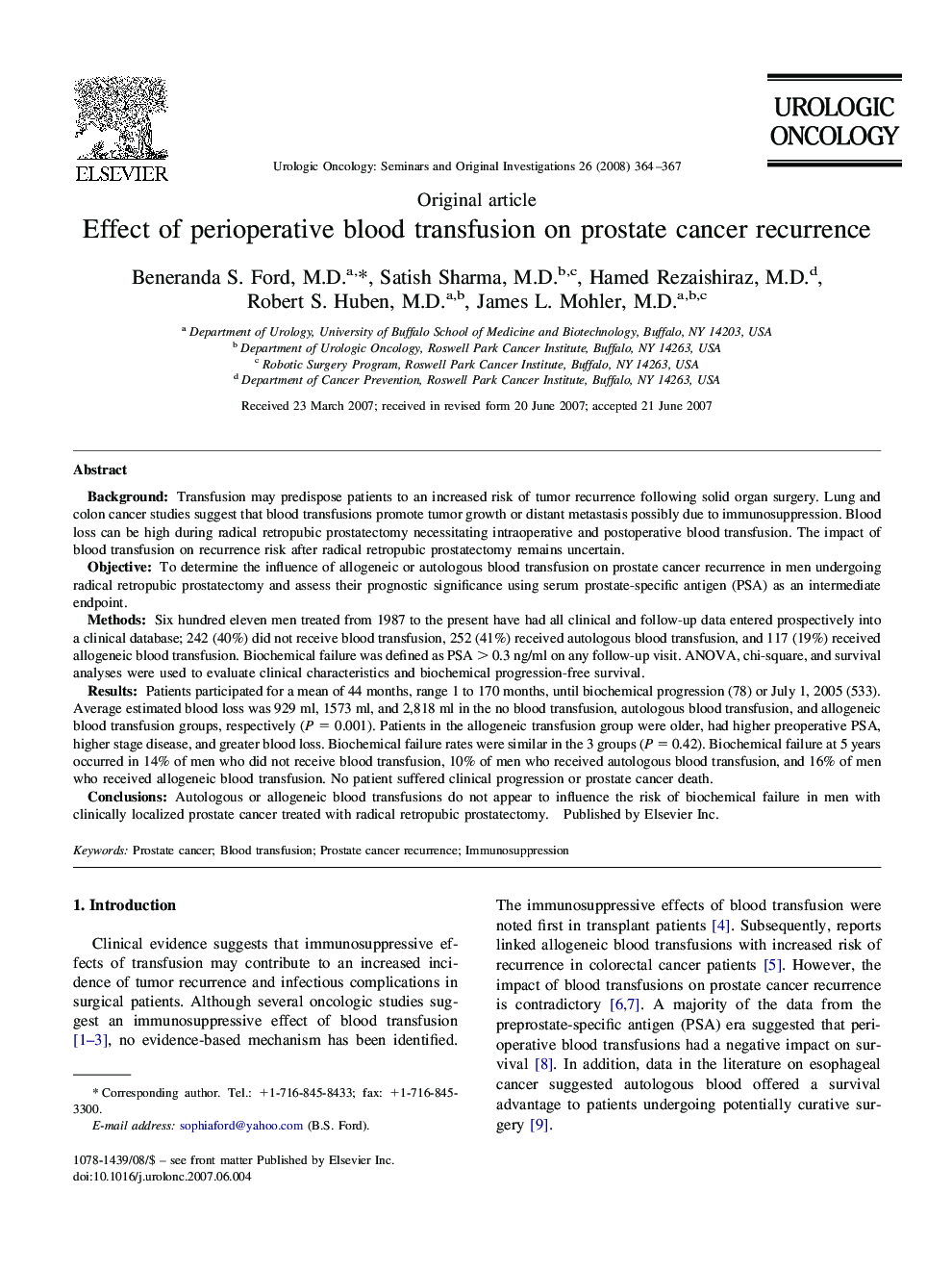 Effect of perioperative blood transfusion on prostate cancer recurrence