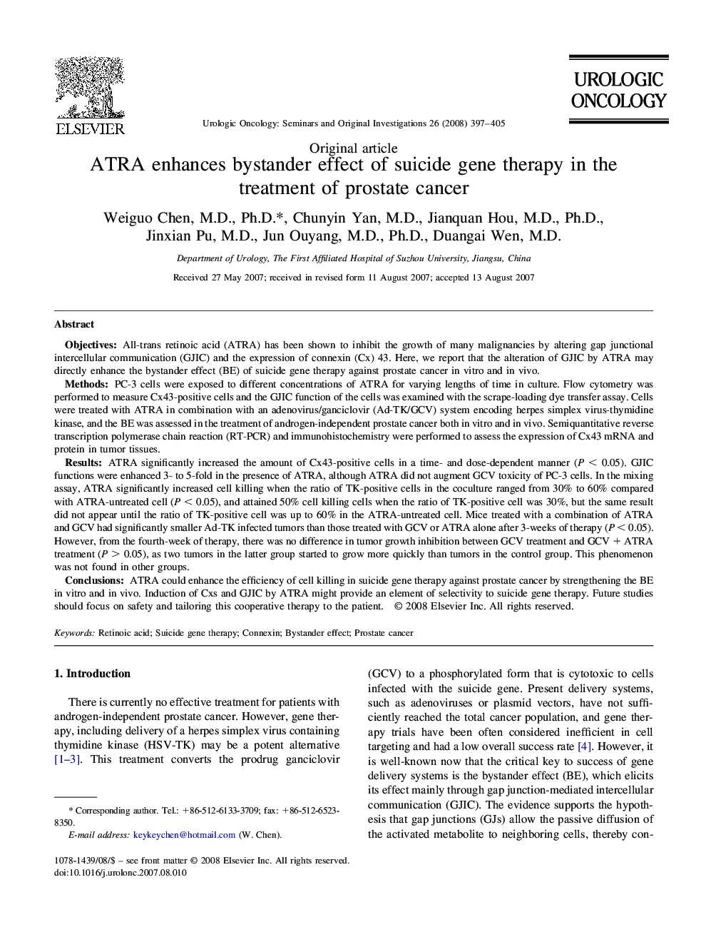 ATRA enhances bystander effect of suicide gene therapy in the treatment of prostate cancer