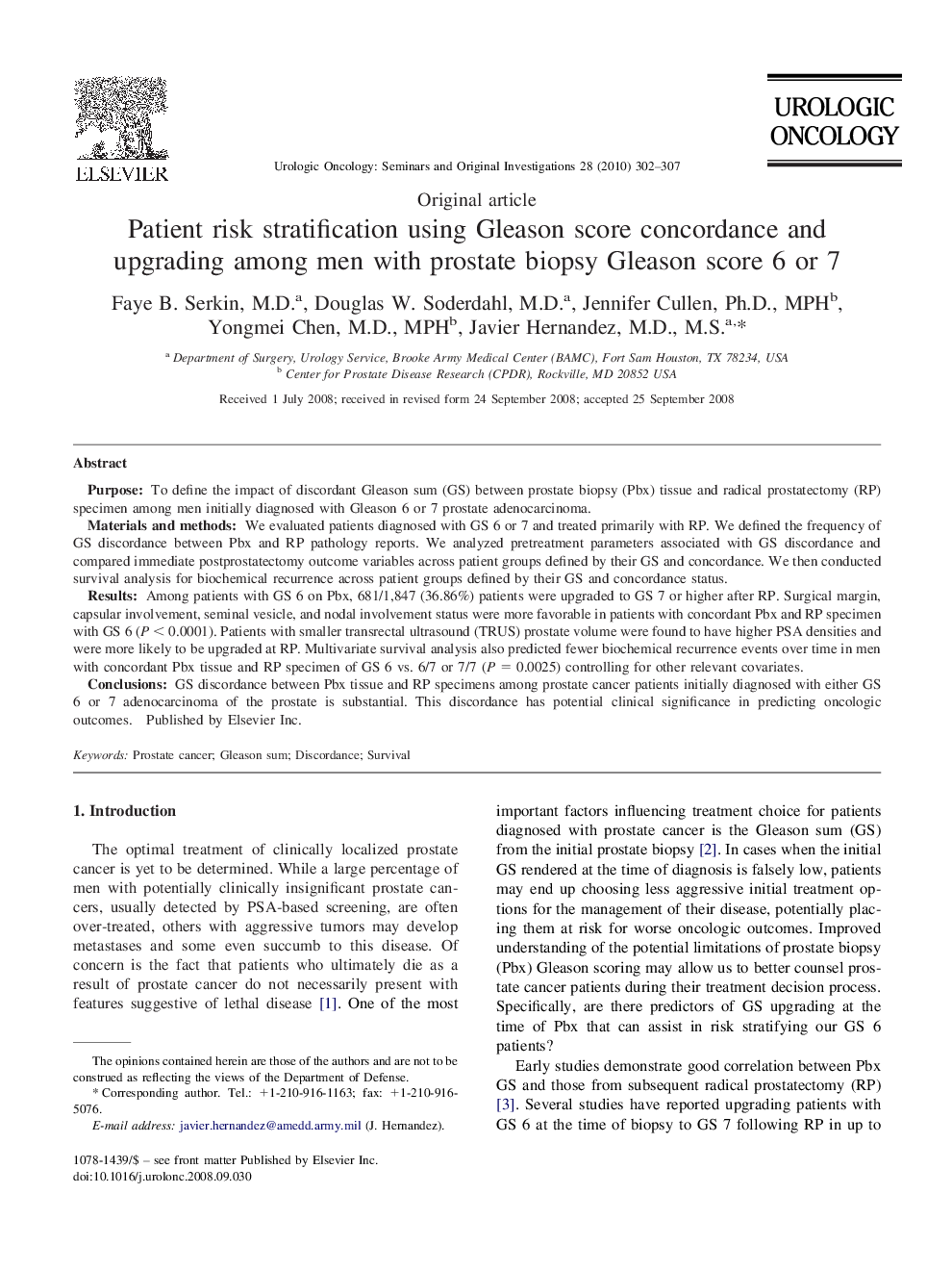 Patient risk stratification using Gleason score concordance and upgrading among men with prostate biopsy Gleason score 6 or 7 