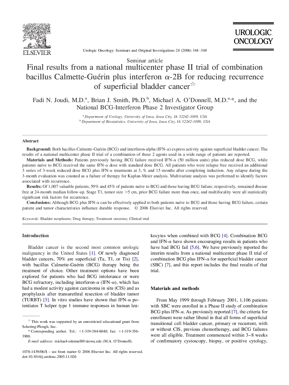 Final results from a national multicenter phase II trial of combination bacillus Calmette-Guérin plus interferon α-2B for reducing recurrence of superficial bladder cancer