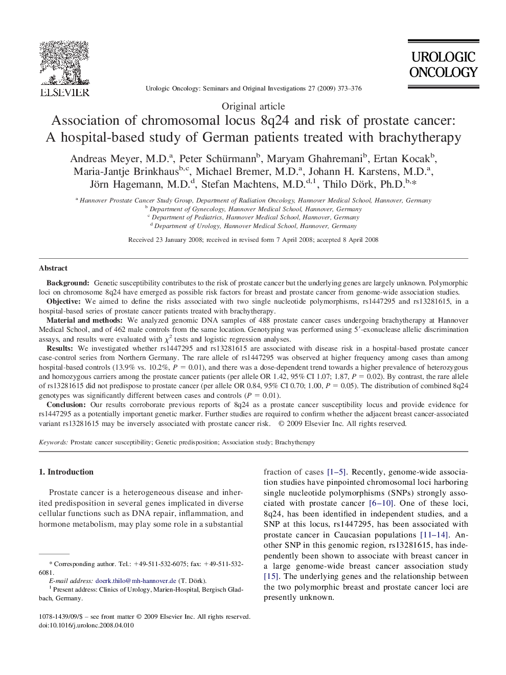 Association of chromosomal locus 8q24 and risk of prostate cancer: A hospital-based study of German patients treated with brachytherapy