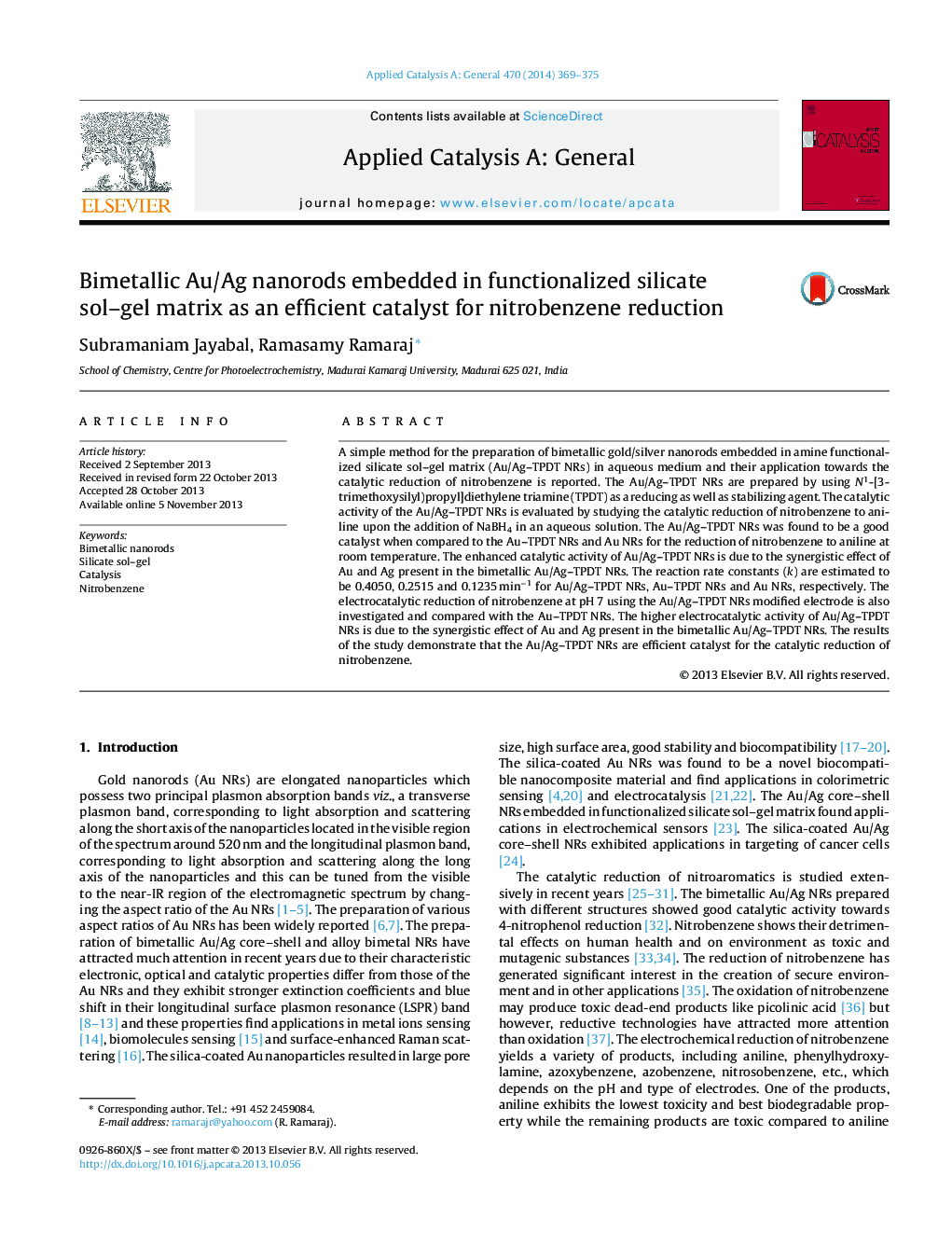 Bimetallic Au/Ag nanorods embedded in functionalized silicate sol–gel matrix as an efficient catalyst for nitrobenzene reduction