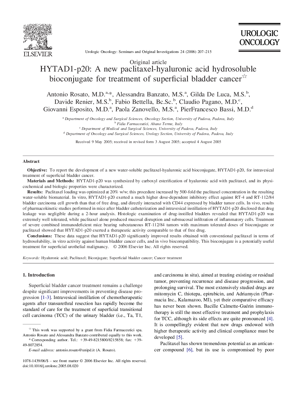 HYTAD1-p20: A new paclitaxel-hyaluronic acid hydrosoluble bioconjugate for treatment of superficial bladder cancer 