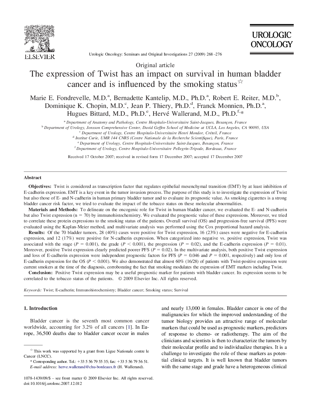 The expression of Twist has an impact on survival in human bladder cancer and is influenced by the smoking status 