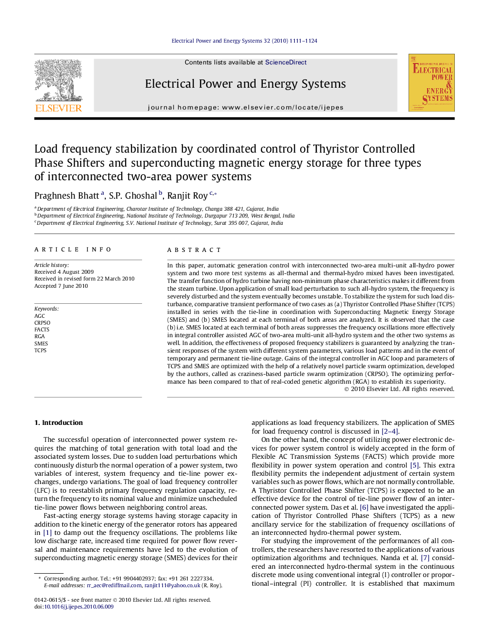 Load frequency stabilization by coordinated control of Thyristor Controlled Phase Shifters and superconducting magnetic energy storage for three types of interconnected two-area power systems