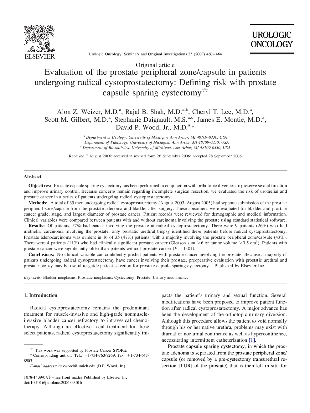 Evaluation of the prostate peripheral zone/capsule in patients undergoing radical cystoprostatectomy: Defining risk with prostate capsule sparing cystectomy 