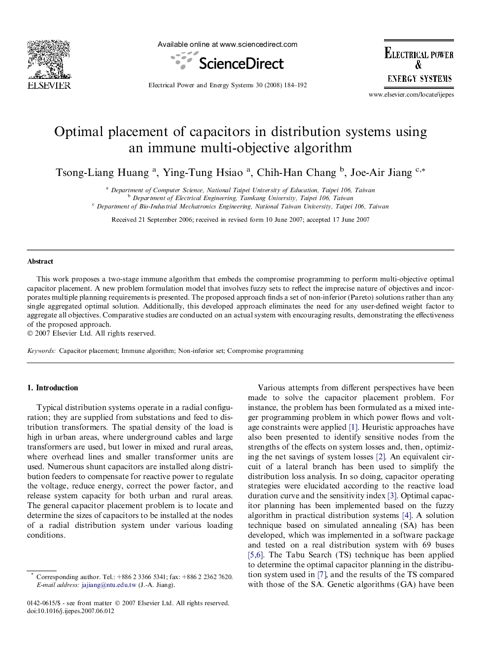 Optimal placement of capacitors in distribution systems using an immune multi-objective algorithm