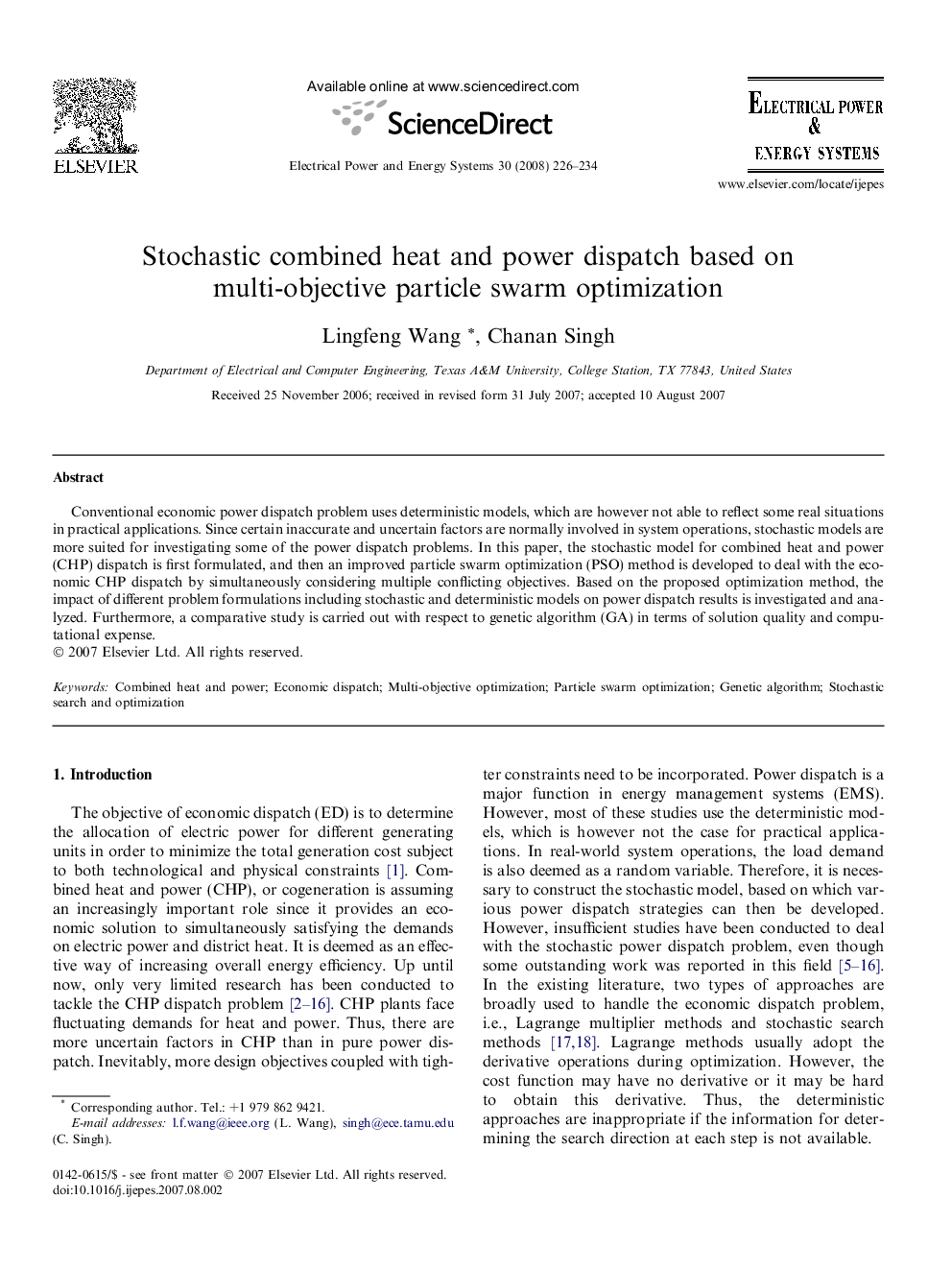 Stochastic combined heat and power dispatch based on multi-objective particle swarm optimization