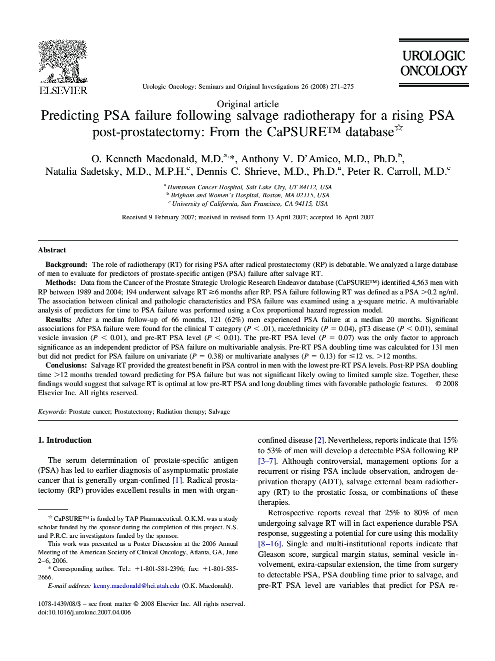 Predicting PSA failure following salvage radiotherapy for a rising PSA post-prostatectomy: From the CaPSURE™ database 