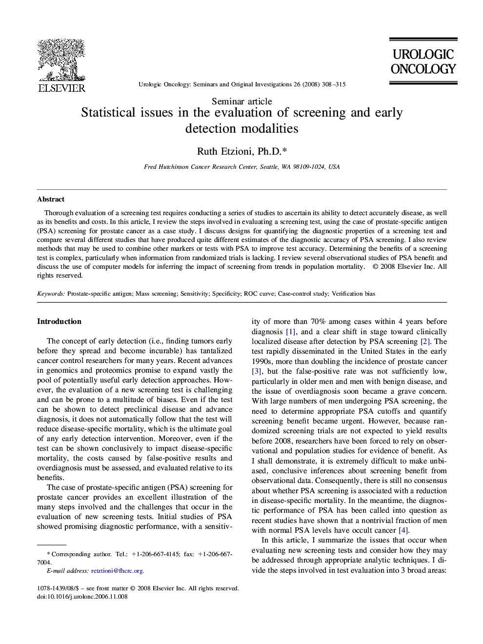 Statistical issues in the evaluation of screening and early detection modalities