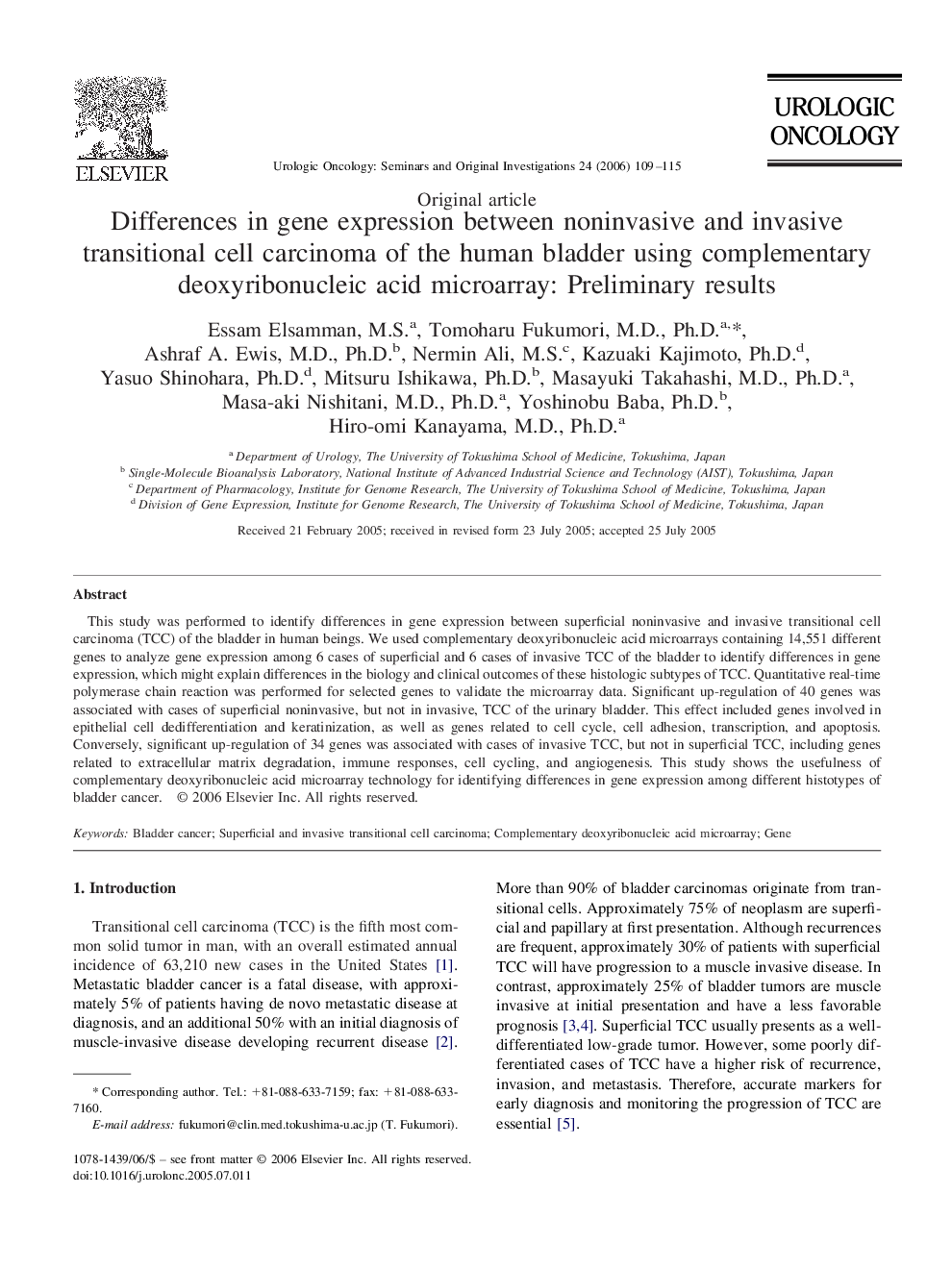 عکس صفحه اول مقاله: Differences in gene expression between noninvasive and invasive transitional cell carcinoma of the human bladder using complementary deoxyribonucleic acid microarray: Preliminary results Differences in gene expression between noninvasive and invasive transitional cell carcinoma of the human bladder using complementary deoxyribonucleic acid microarray: Preliminary results