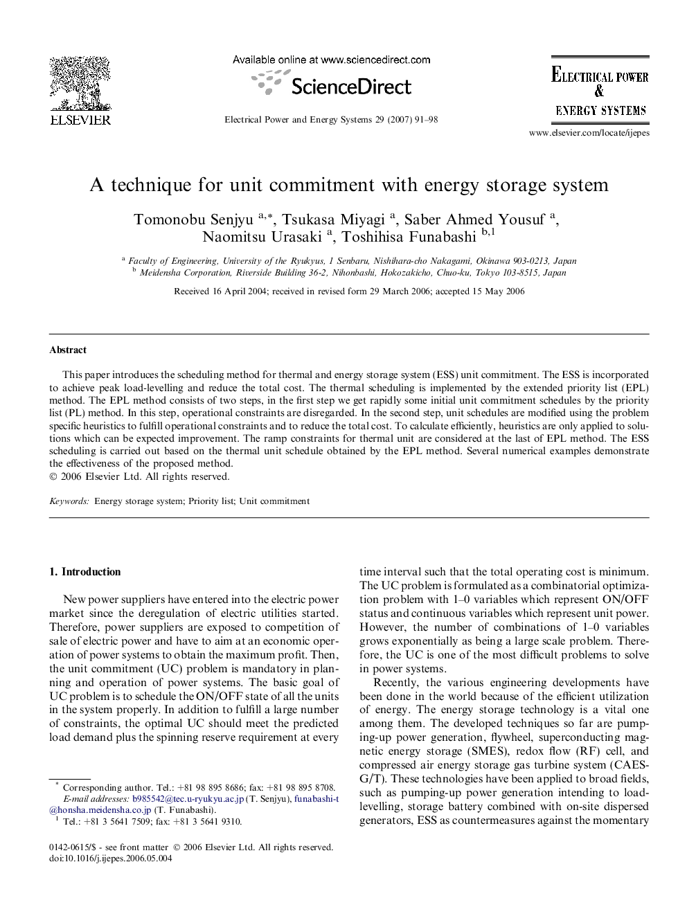 A technique for unit commitment with energy storage system