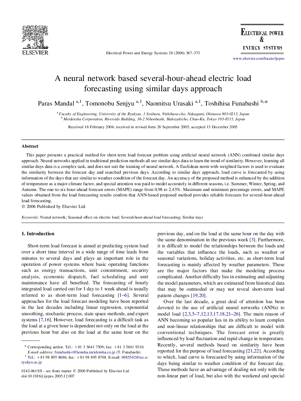 عکس صفحه اول مقاله: A neural network based several-hour-ahead electric load forecasting using similar days approach A neural network based several-hour-ahead electric load forecasting using similar days approach
