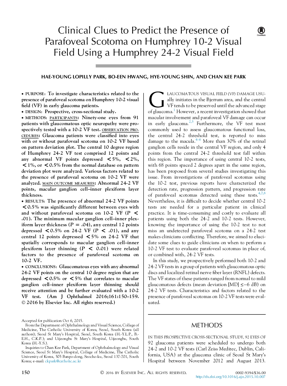 Clinical Clues to Predict the Presence of Parafoveal Scotoma on Humphrey 10-2 Visual Field Using a Humphrey 24-2 Visual Field