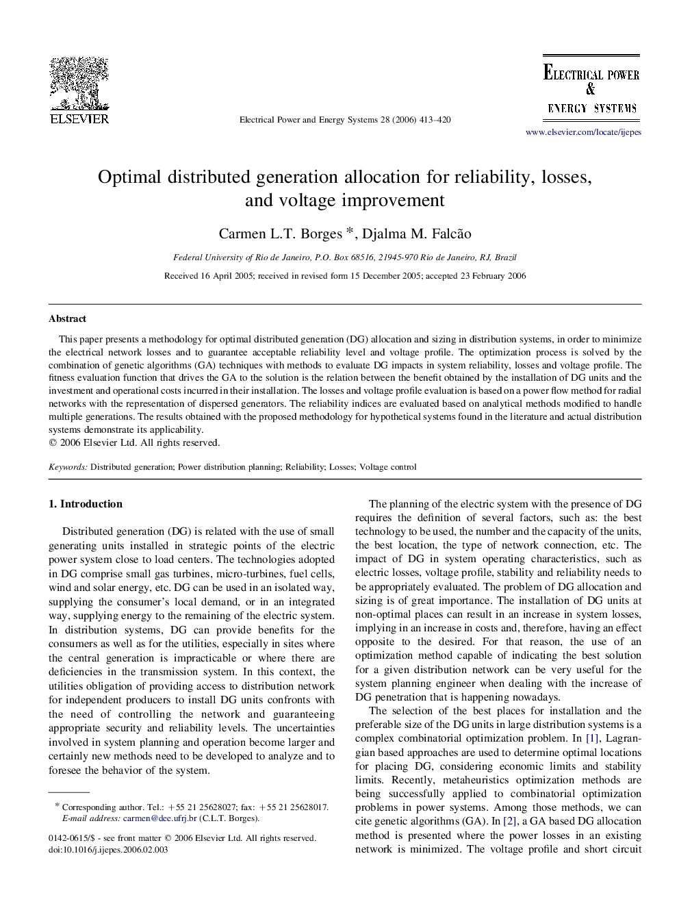 عکس صفحه اول مقاله: Optimal distributed generation allocation for reliability, losses, and voltage improvement Optimal distributed generation allocation for reliability, losses, and voltage improvement