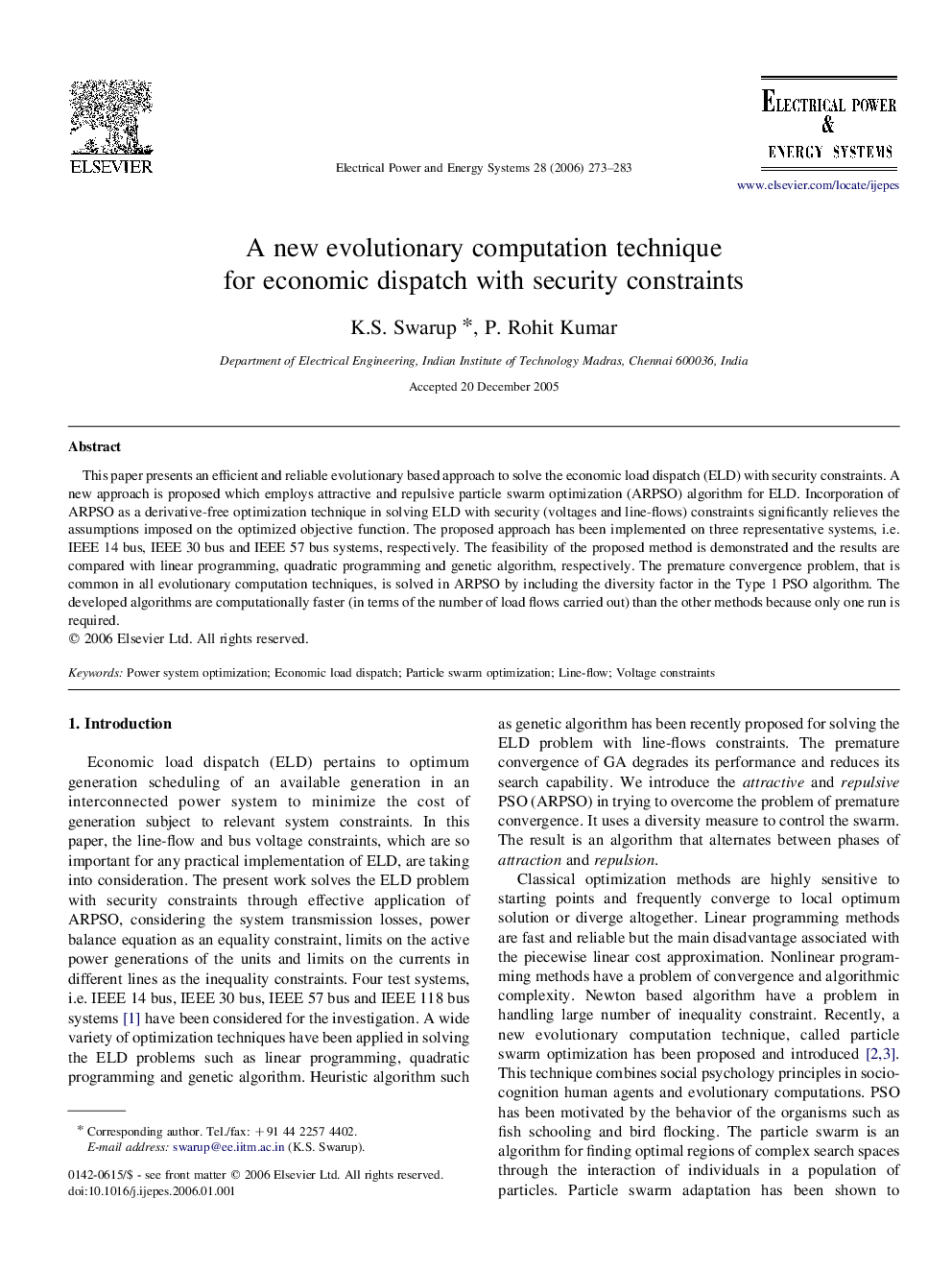 A new evolutionary computation technique for economic dispatch with security constraints