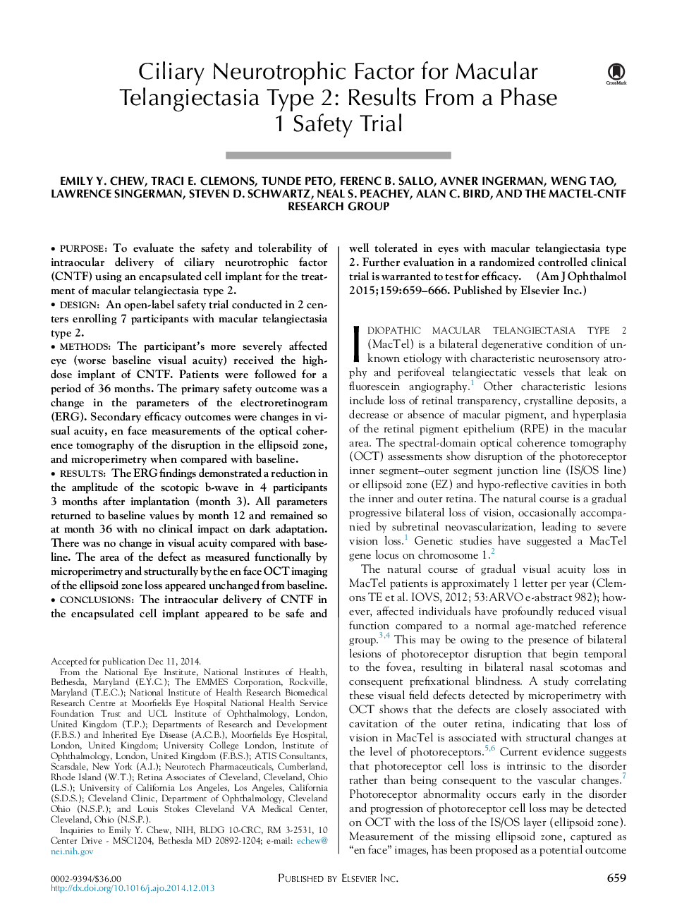 Ciliary Neurotrophic Factor for Macular Telangiectasia Type 2: Results From a Phase 1Â Safety Trial