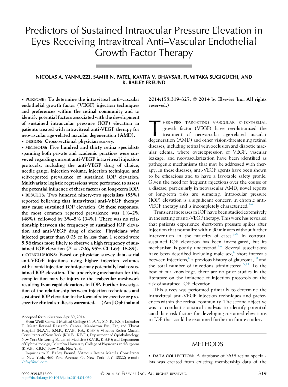 Predictors of Sustained Intraocular Pressure Elevation in Eyes Receiving Intravitreal Anti-Vascular Endothelial Growth Factor Therapy