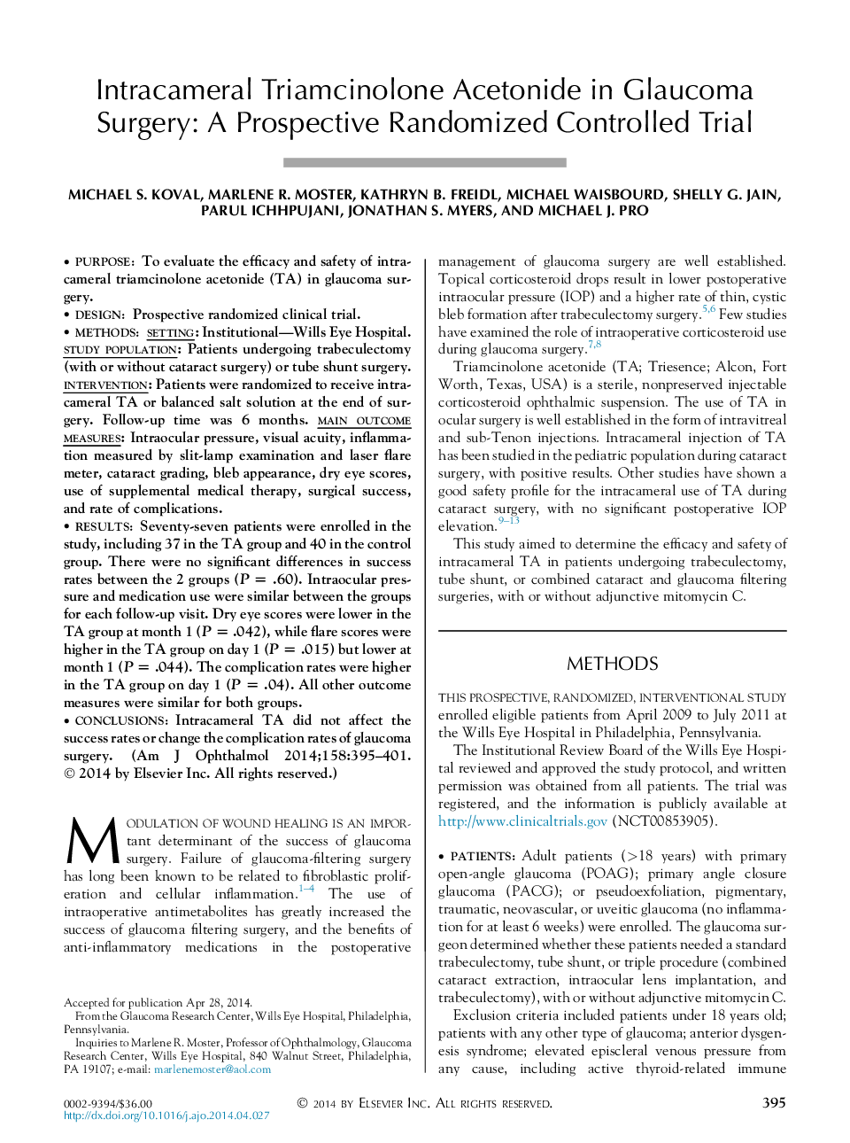 Intracameral Triamcinolone Acetonide in Glaucoma Surgery: A Prospective Randomized Controlled Trial