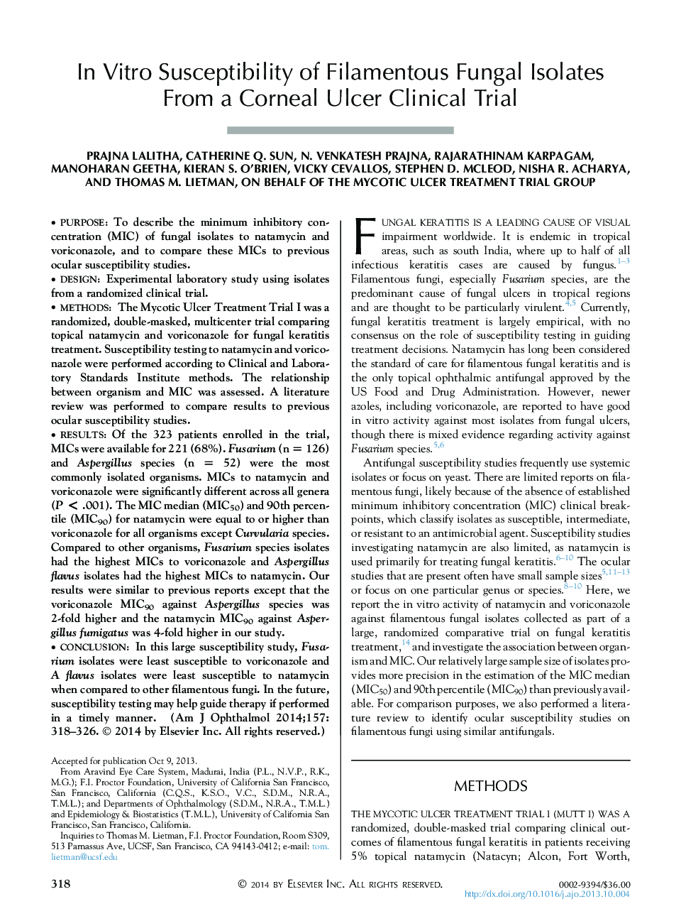 In Vitro Susceptibility of Filamentous Fungal Isolates From a Corneal Ulcer Clinical Trial