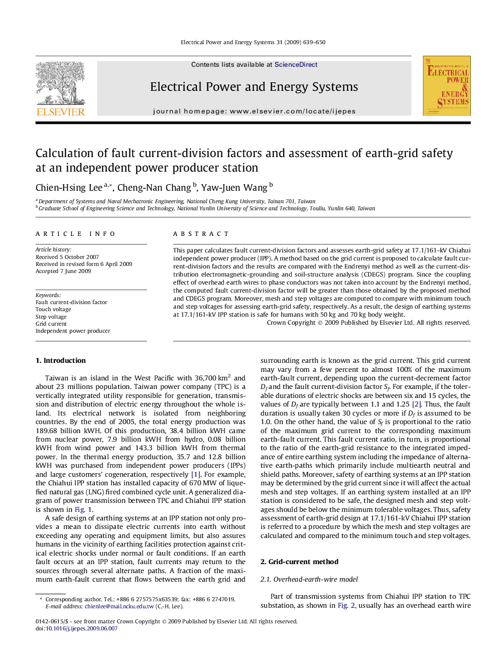 عکس صفحه اول مقاله: Calculation of fault current-division factors and assessment of earth-grid safety at an independent power producer station Calculation of fault current-division factors and assessment of earth-grid safety at an independent power producer station