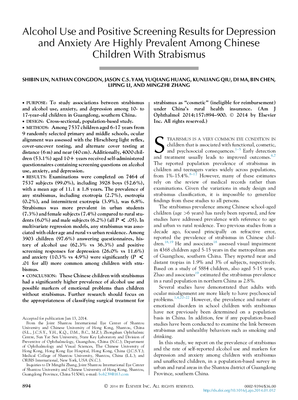 Alcohol Use and Positive Screening Results for Depression and Anxiety Are Highly Prevalent Among Chinese Children With Strabismus