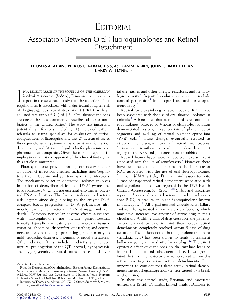 Association Between Oral Fluoroquinolones and Retinal Detachment