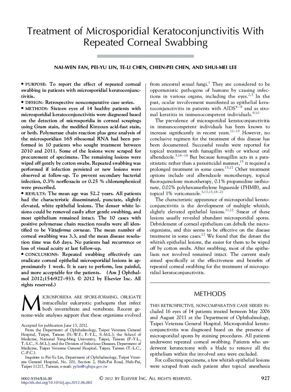 Treatment of Microsporidial Keratoconjunctivitis With Repeated Corneal Swabbing