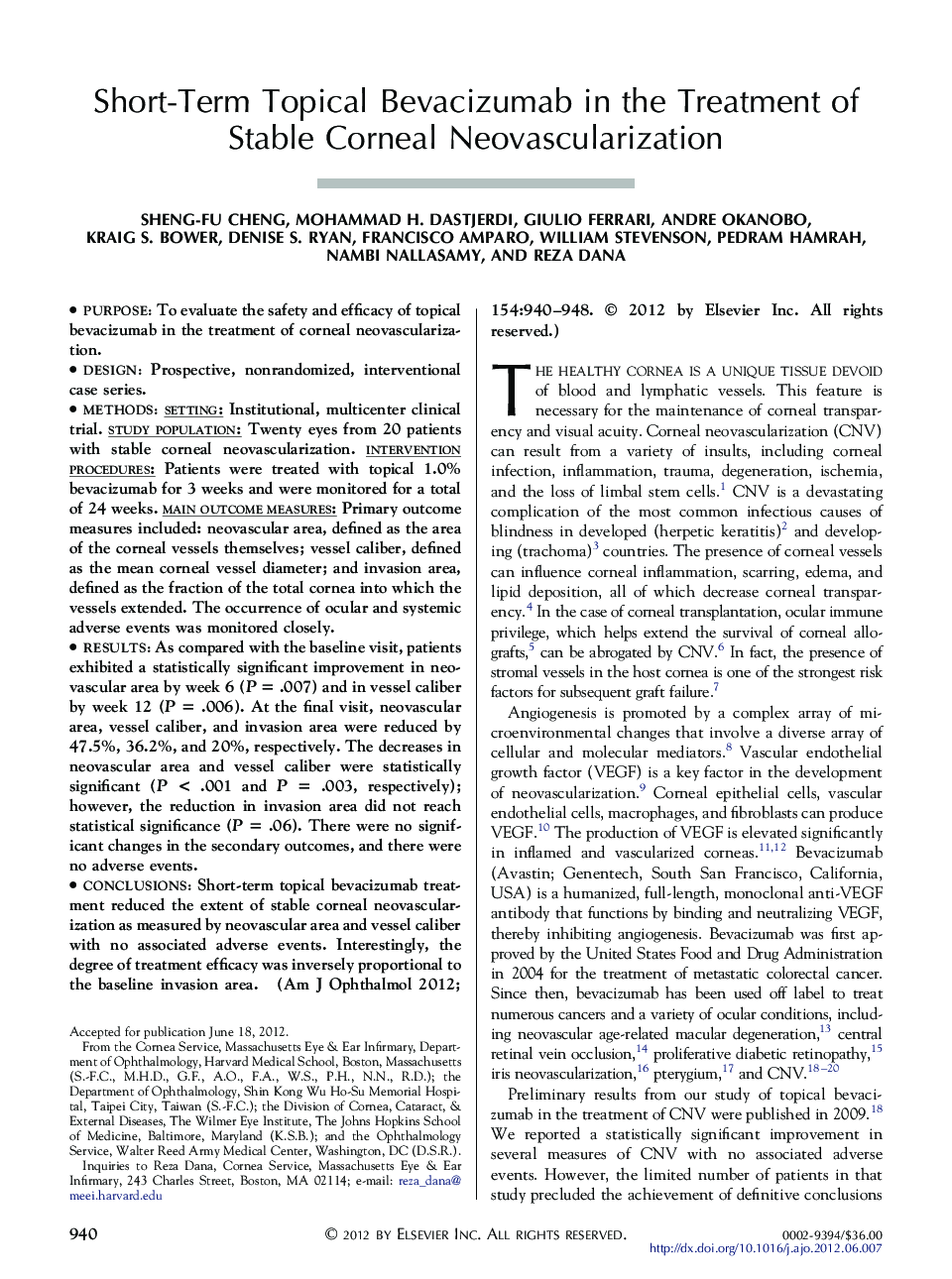 Short-Term Topical Bevacizumab in the Treatment of Stable Corneal Neovascularization