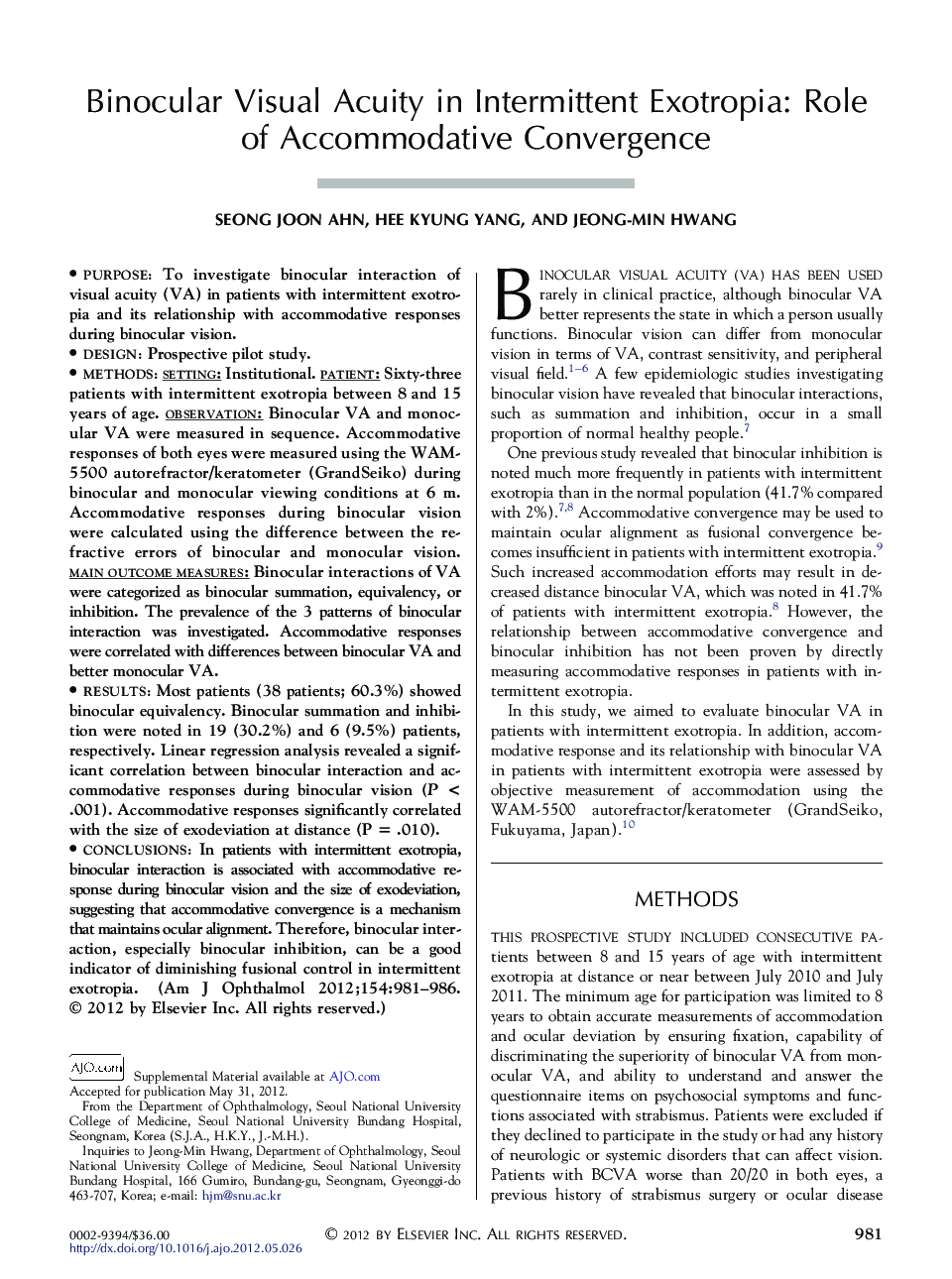 Binocular Visual Acuity in Intermittent Exotropia: Role of Accommodative Convergence