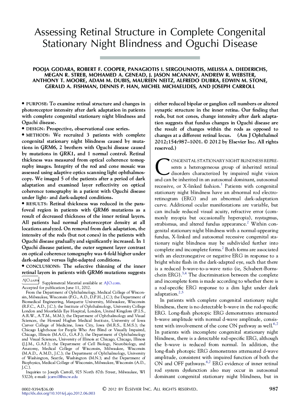Assessing Retinal Structure in Complete Congenital Stationary Night Blindness and Oguchi Disease