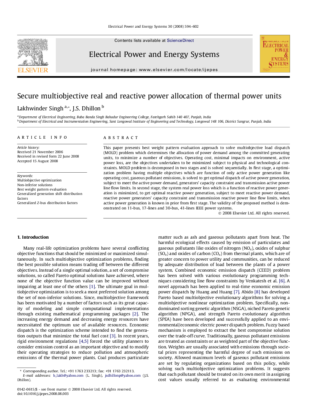 عکس صفحه اول مقاله: Secure multiobjective real and reactive power allocation of thermal power units Secure multiobjective real and reactive power allocation of thermal power units