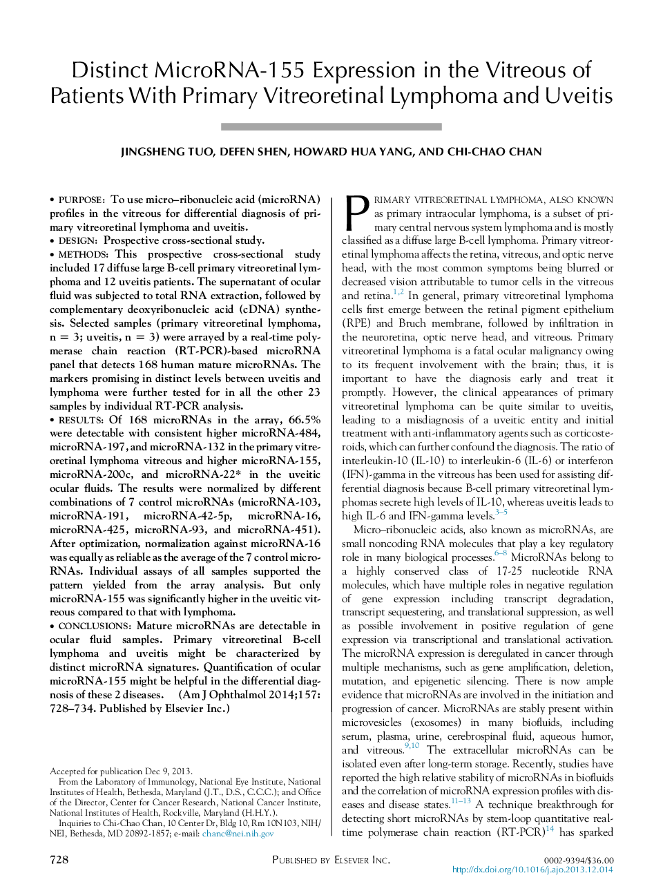 Distinct MicroRNA-155 Expression in the Vitreous of Patients With Primary Vitreoretinal Lymphoma and Uveitis