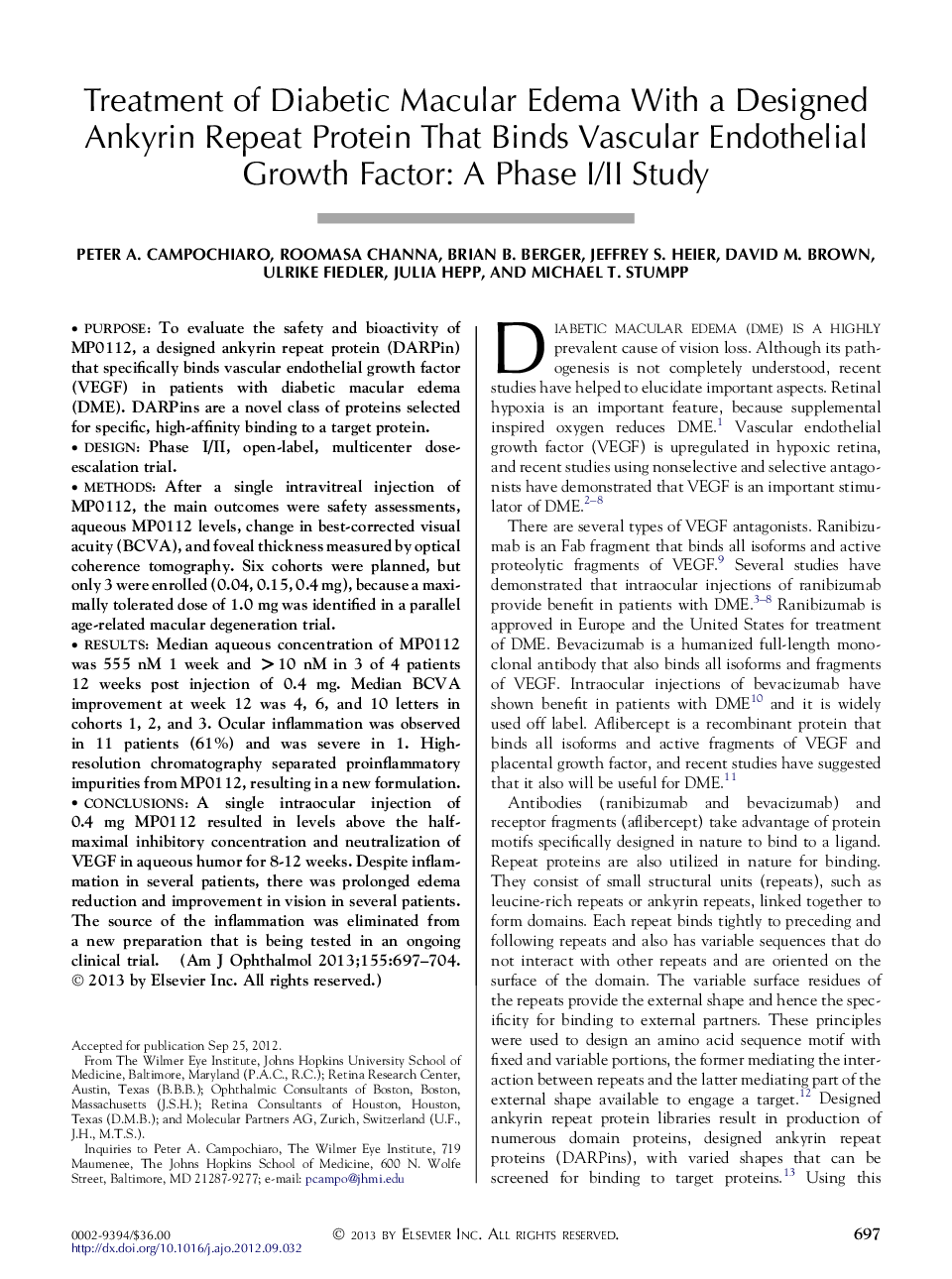 Treatment of Diabetic Macular Edema With a Designed Ankyrin Repeat Protein That Binds Vascular Endothelial Growth Factor: A Phase I/II Study