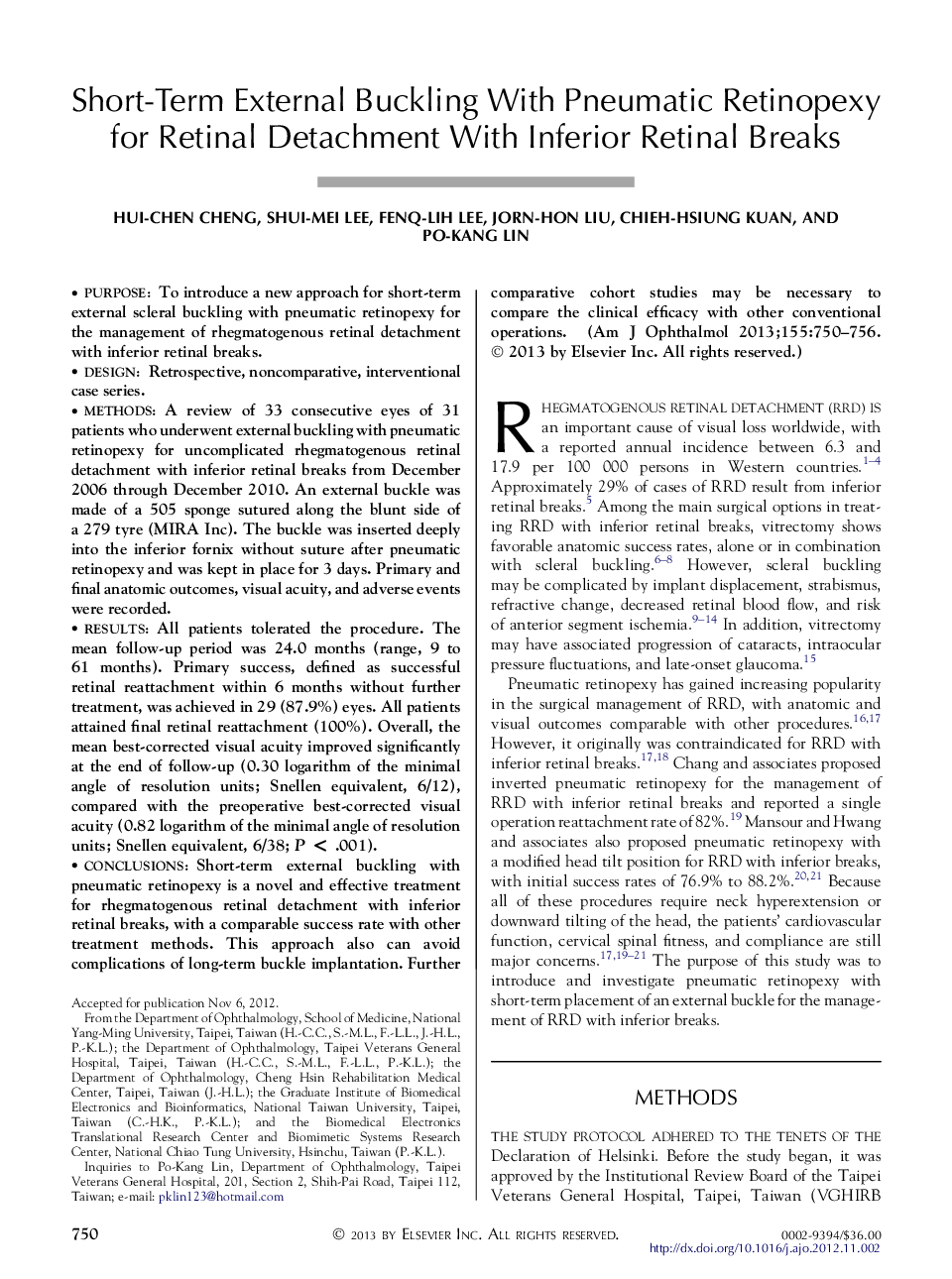 Short-Term External Buckling With Pneumatic Retinopexy for Retinal Detachment With Inferior Retinal Breaks