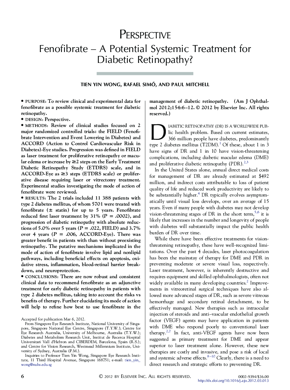 Fenofibrate – A Potential Systemic Treatment for Diabetic Retinopathy?