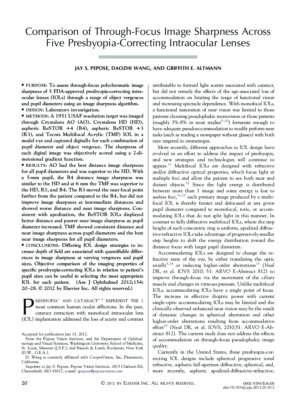 Comparison of Through-Focus Image Sharpness Across Five Presbyopia-Correcting Intraocular Lenses