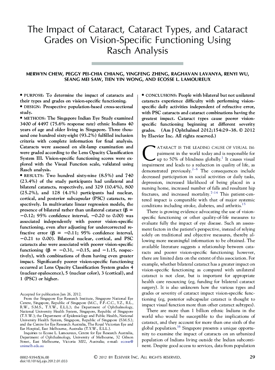 The Impact of Cataract, Cataract Types, and Cataract Grades on Vision-Specific Functioning Using Rasch Analysis