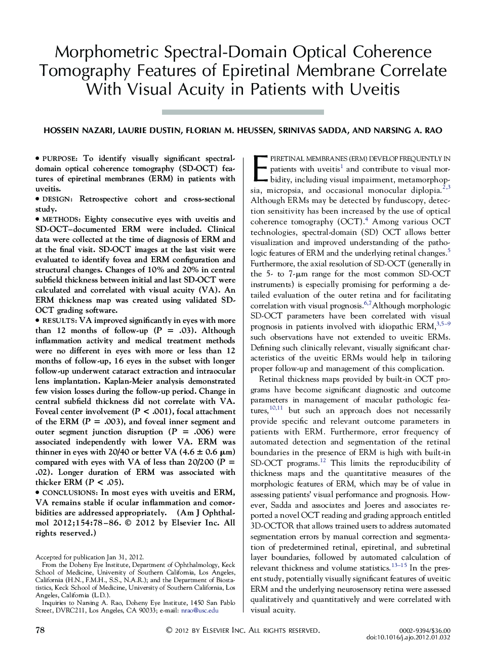 Morphometric Spectral-Domain Optical Coherence Tomography Features of Epiretinal Membrane Correlate With Visual Acuity in Patients with Uveitis