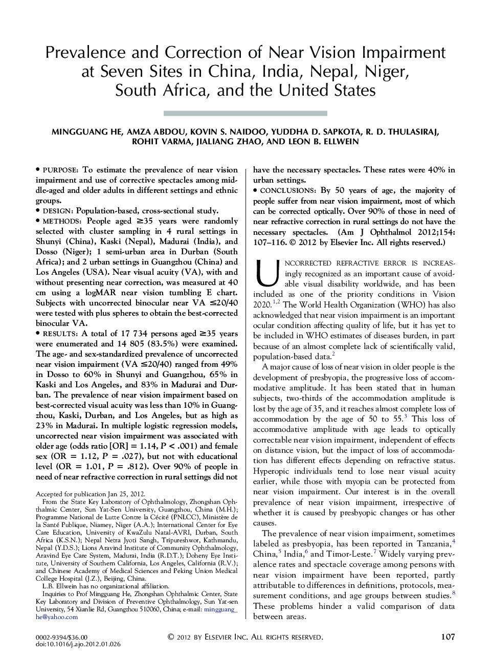 Prevalence and Correction of Near Vision Impairment at Seven Sites in China, India, Nepal, Niger, South Africa, and the United States