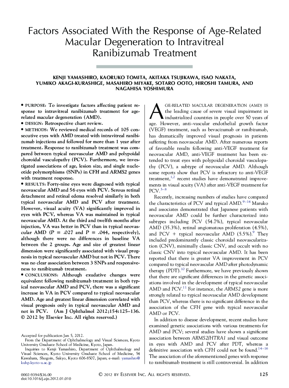 Factors Associated With the Response of Age-Related Macular Degeneration to Intravitreal Ranibizumab Treatment