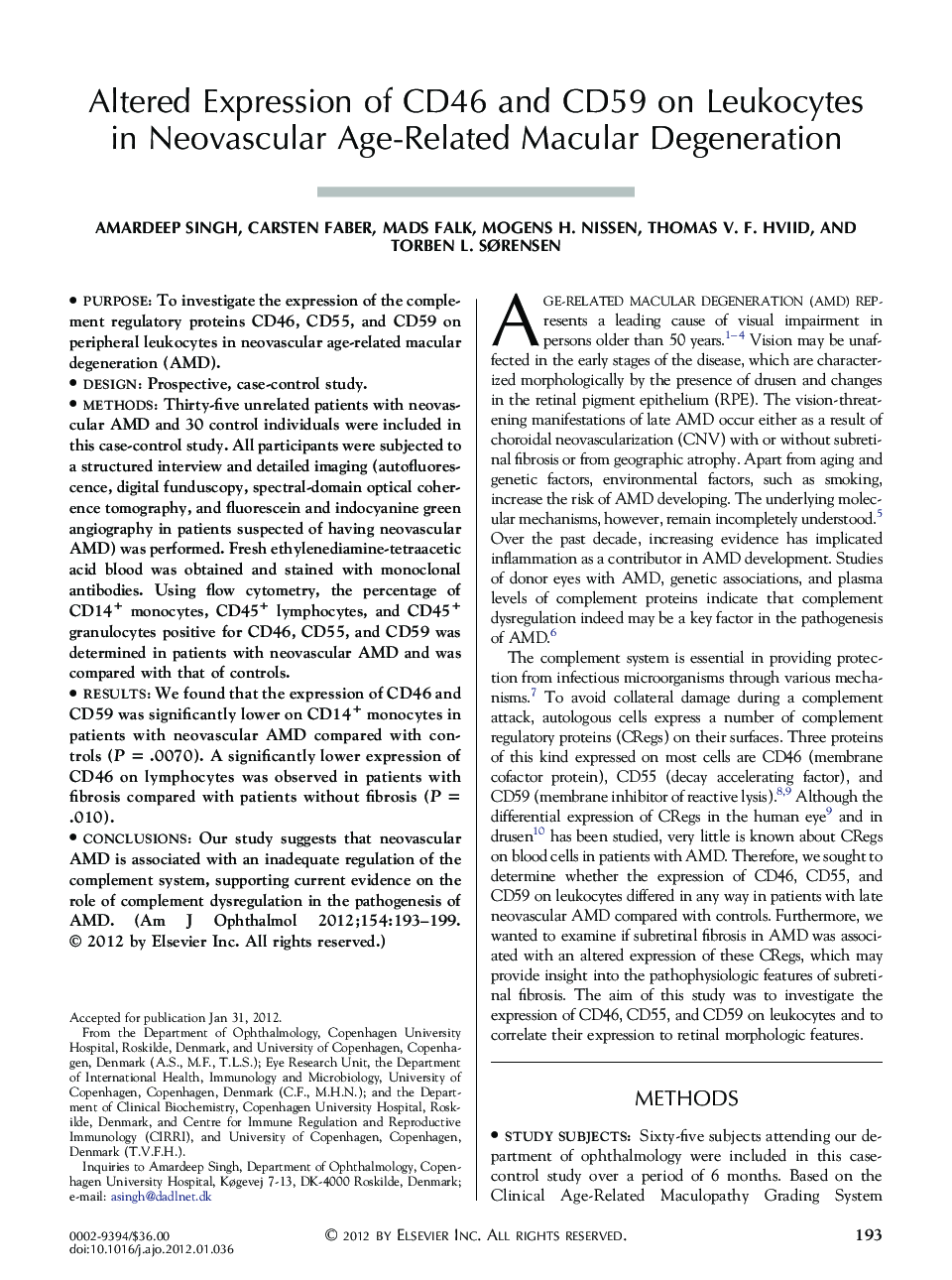 Altered Expression of CD46 and CD59 on Leukocytes in Neovascular Age-Related Macular Degeneration
