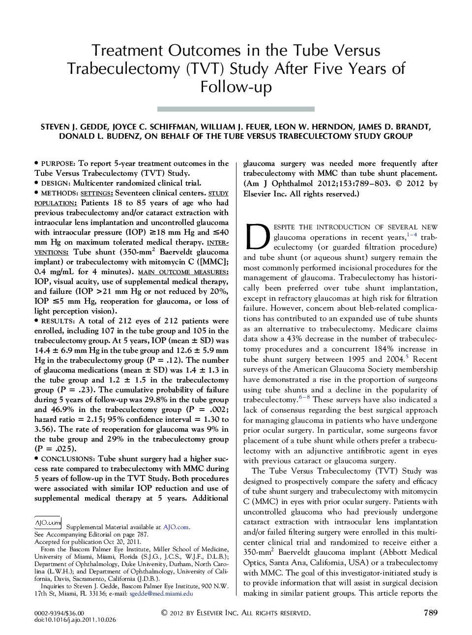 Treatment Outcomes in the Tube Versus Trabeculectomy (TVT) Study After Five Years of Follow-up