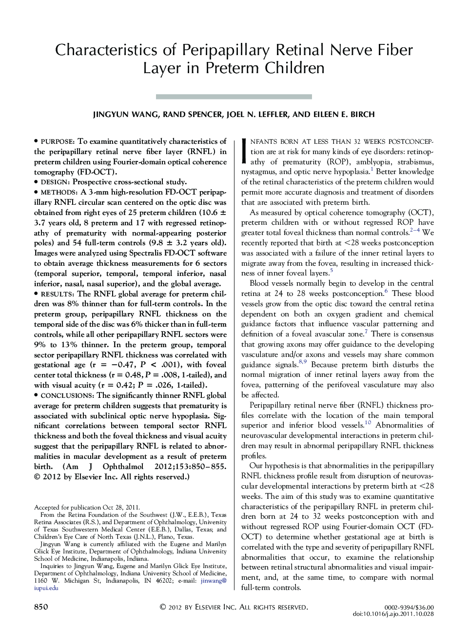 Characteristics of Peripapillary Retinal Nerve Fiber Layer in Preterm Children