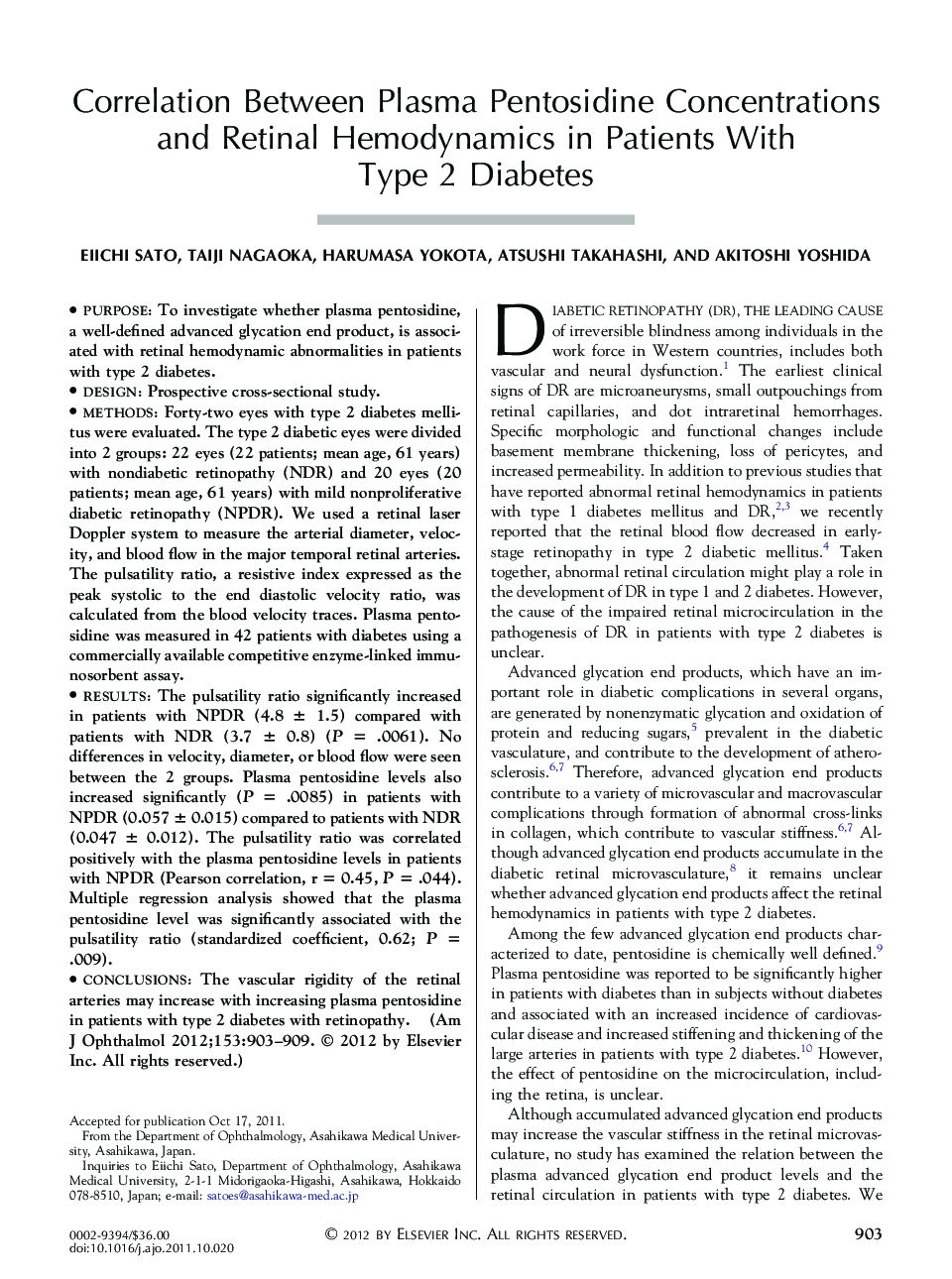 Correlation Between Plasma Pentosidine Concentrations and Retinal Hemodynamics in Patients With Type 2 Diabetes