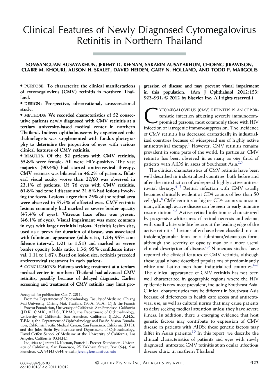 Clinical Features of Newly Diagnosed Cytomegalovirus Retinitis in Northern Thailand