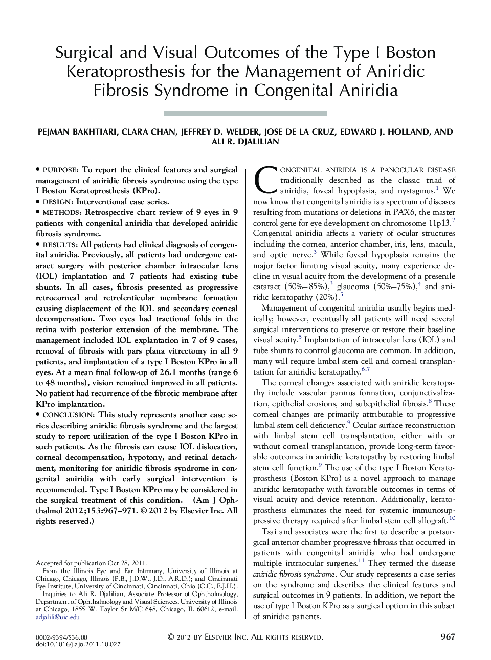 Surgical and Visual Outcomes of the Type I Boston Keratoprosthesis for the Management of Aniridic Fibrosis Syndrome in Congenital Aniridia