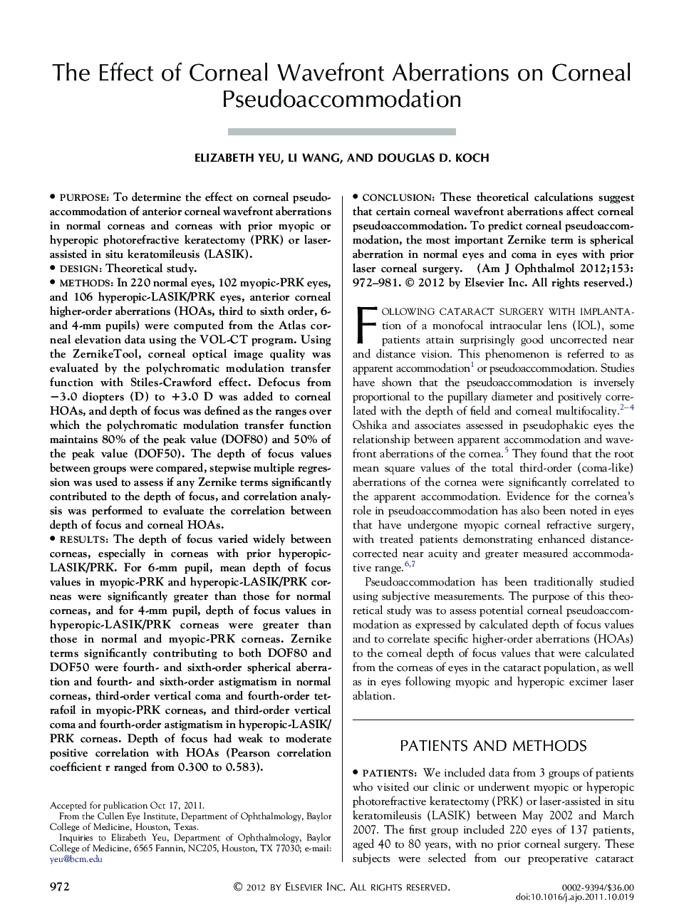 The Effect of Corneal Wavefront Aberrations on Corneal Pseudoaccommodation