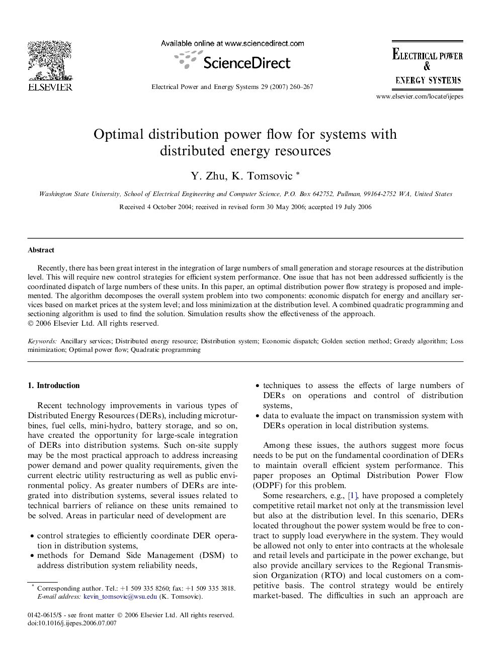 Optimal distribution power flow for systems with distributed energy resources